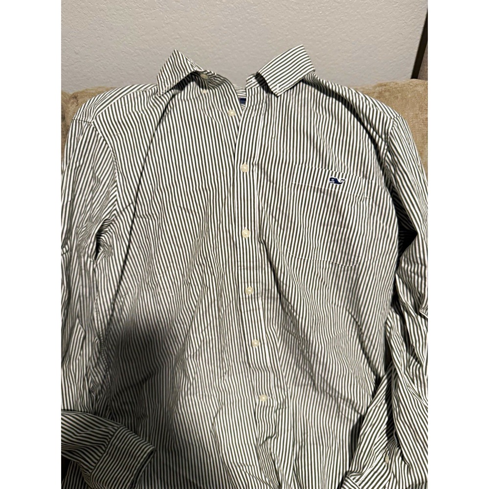 Vineyard Vines by Shep & Ian Men's XL Green/White Striped Woven Button-Up